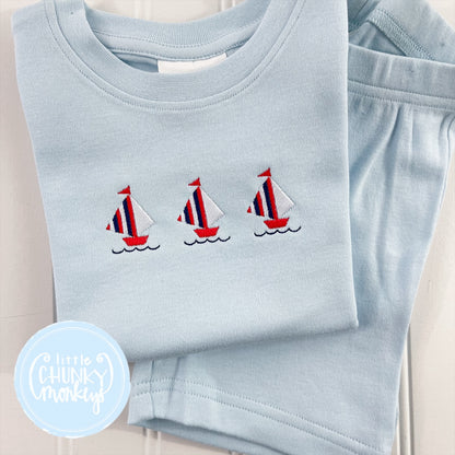 Light Blue Fitted Organic Cotton Pajamas - Sailboat Trio