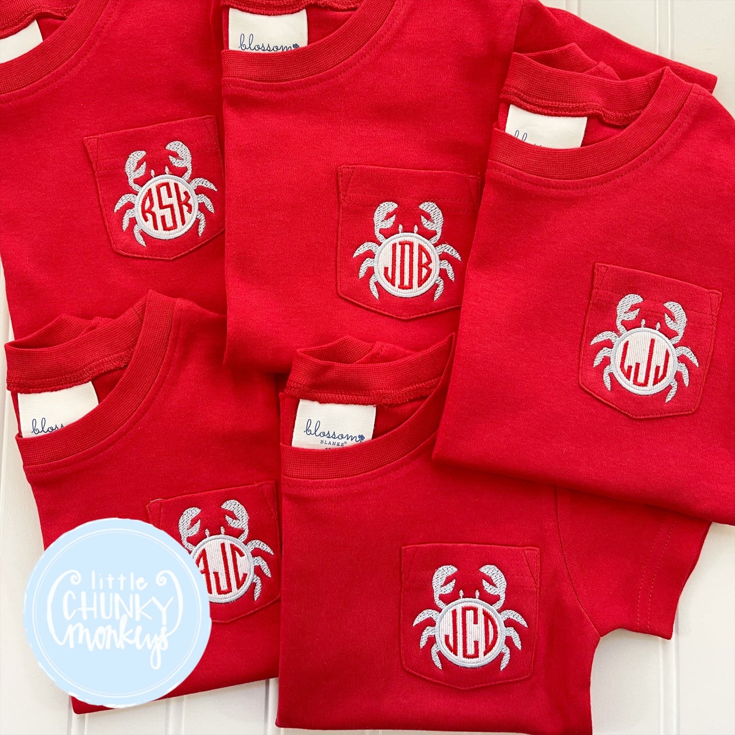 Boy Pocket Shirt - Crab with Initials on Red