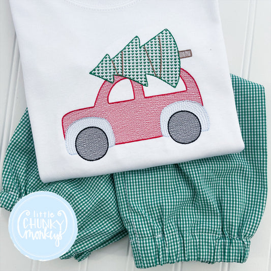 Ready to Ship - Boy Shirt -Stitched Car with Christmas Tree on Top - 18m Long Sleeve