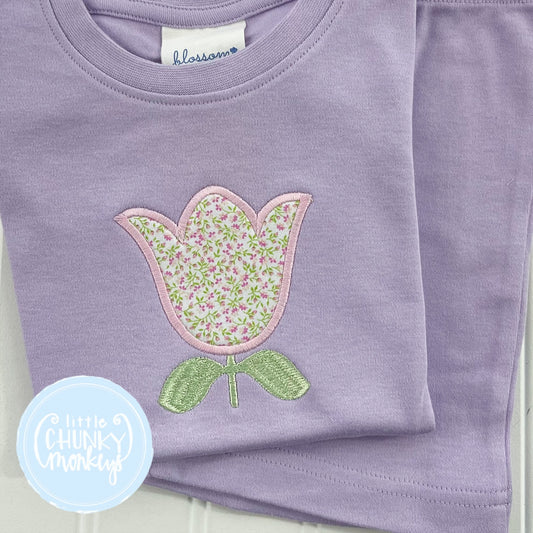 Lilac Fitted Organic Cotton Pajamas - Floral Appliqué Bow Monogram