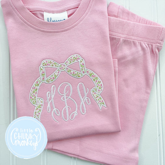 Light Pink Fitted Organic Cotton Pajamas - Floral Appliqué Bow Monogram