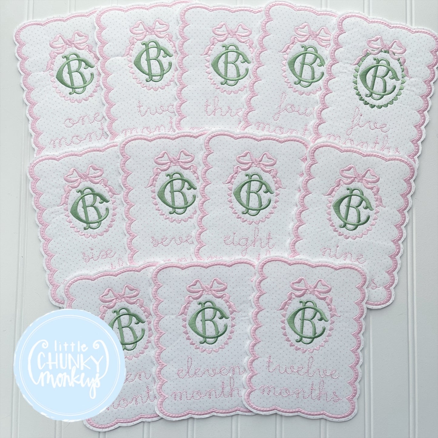 Custom Monthly Milestone Set - Scallop Bow Double Initial in Pink & Green