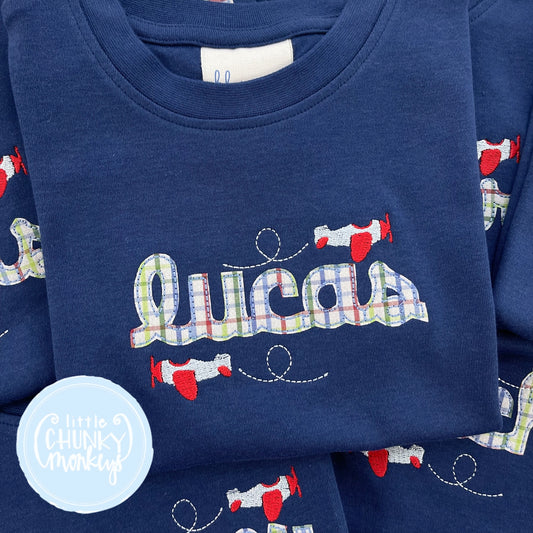 Boy Shirt - Appliqué Name with Airplaneson Navy