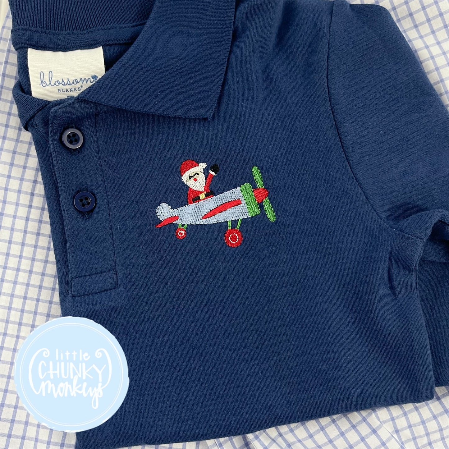 Boy Polo Shirt -  Santa Airplane on Navy