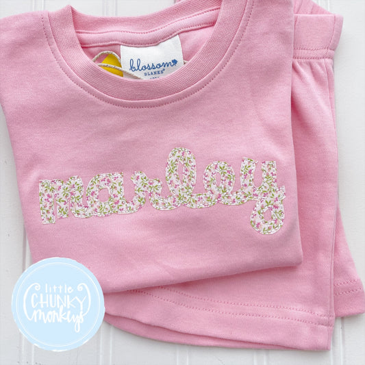 Light Pink Fitted Organic Cotton Pajamas - Floral Appliqué Name