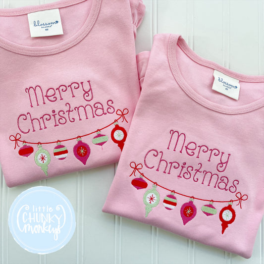 Girl Shirt - Merry Christmas Ornaments on Light Pink