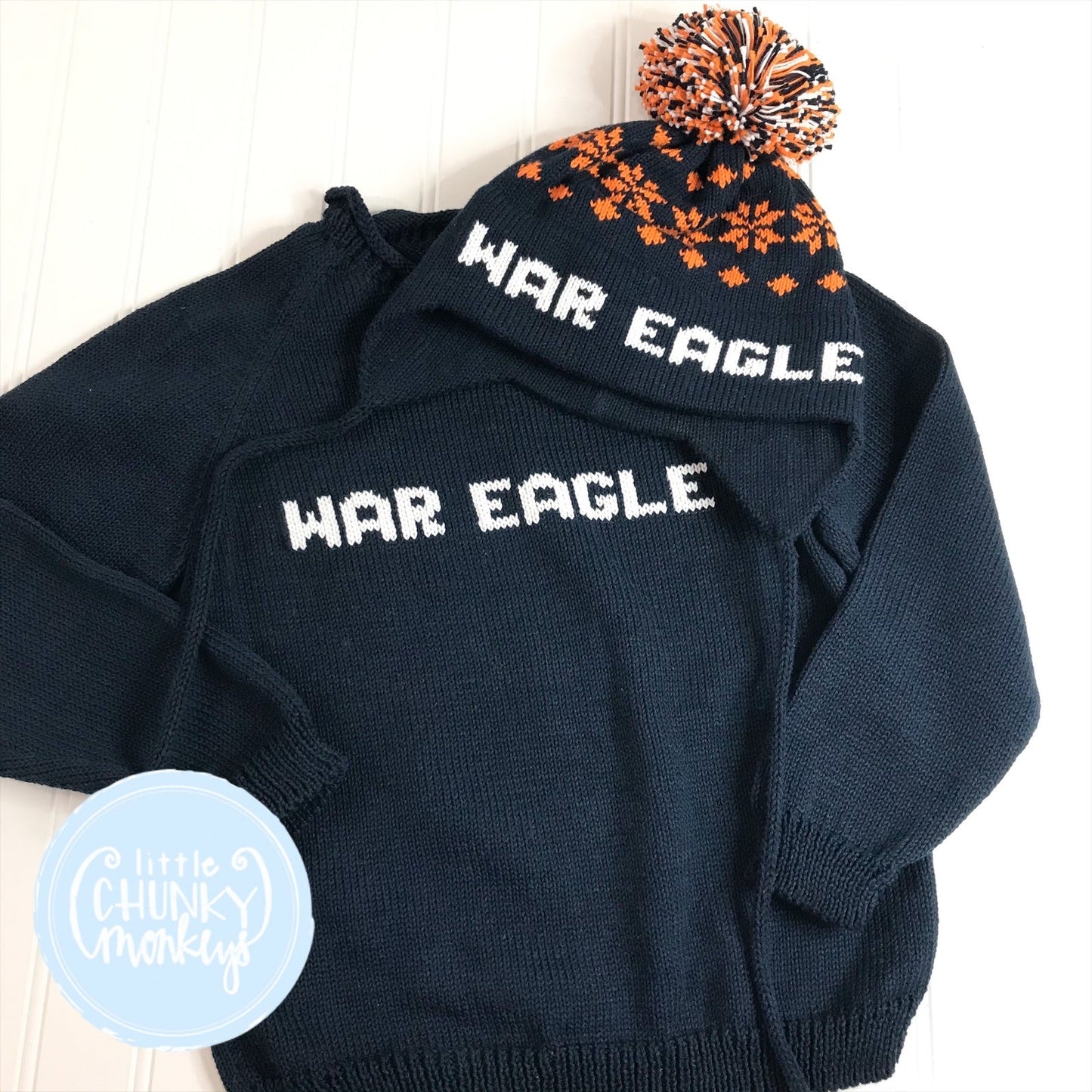 Ready to Ship - Custom Knit Name Sweater - Navy & White - "WAR EAGLE" Medium (6-8Y)