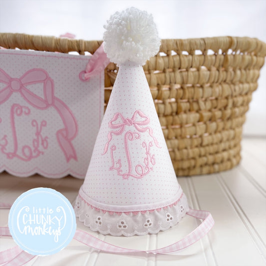 Birthday Hat - Bow and Monogram with Eyelet Trim