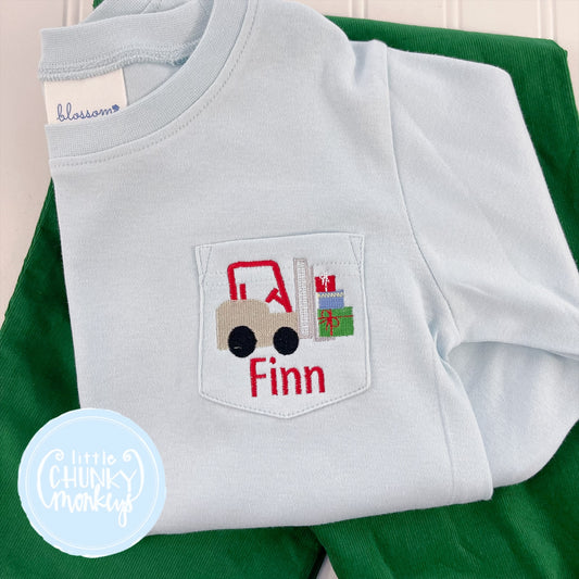 Boy Pocket Shirt - Forklift with Gifts on Light Blue