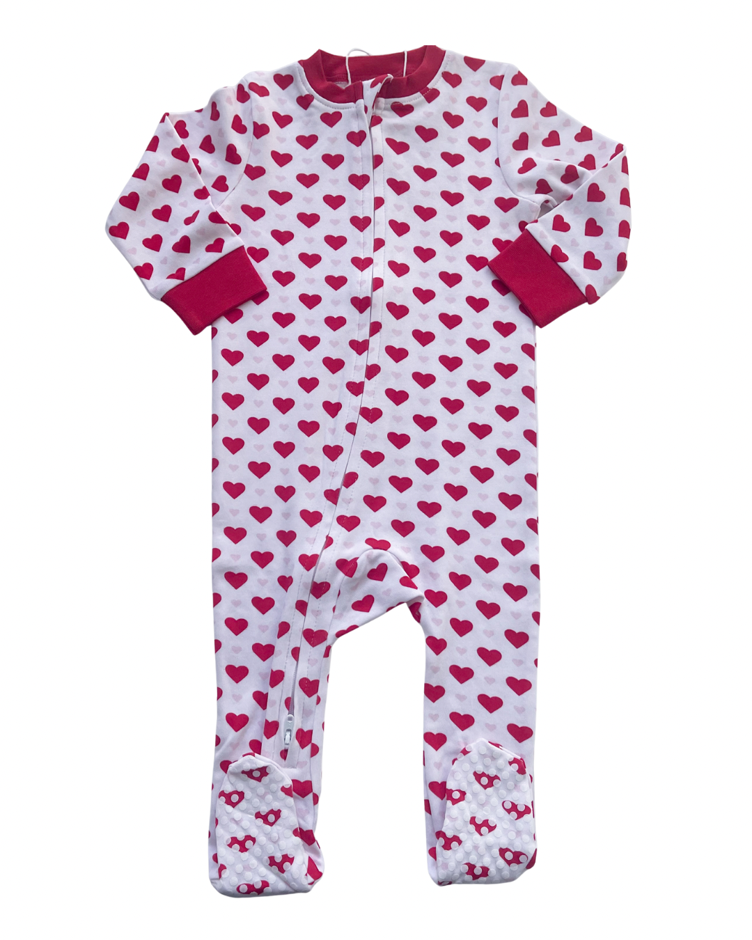 Valentine Organic Cotton Footed Romper - Pink & Red Hearts