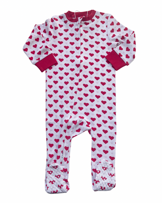 Valentine Organic Cotton Footed Romper - Pink & Red Hearts