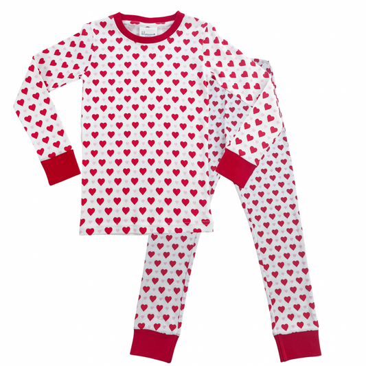 Children's pajama set with red heart pattern