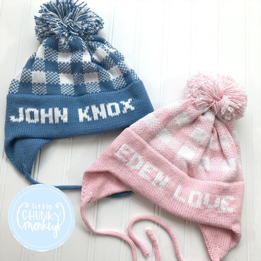 Custom Knit Plaid Hat - Light Pink & White