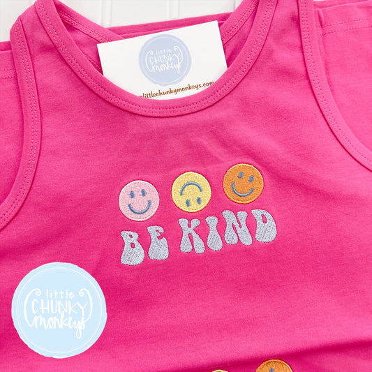 Girls Tank Top - Be Kind Smiley on Hot Pink