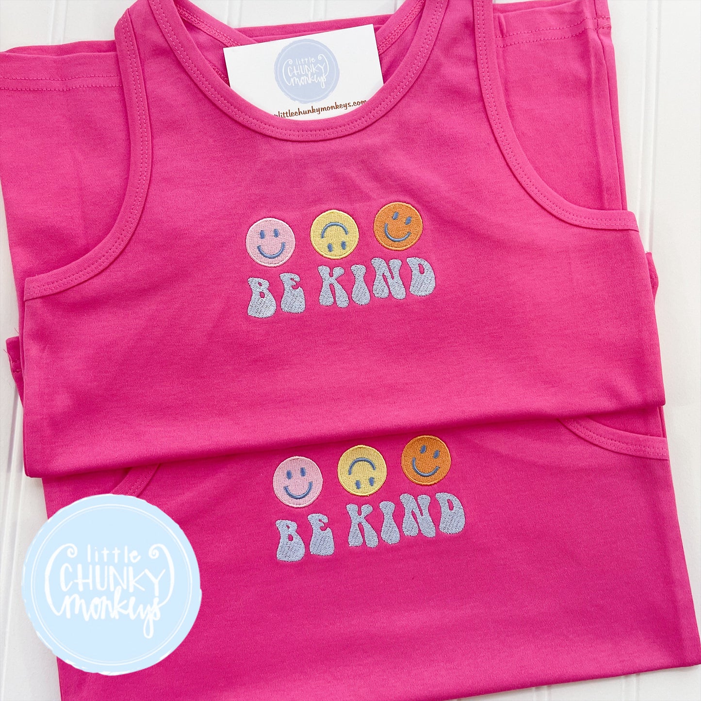 Girls Tank Top - Be Kind Smiley on Hot Pink