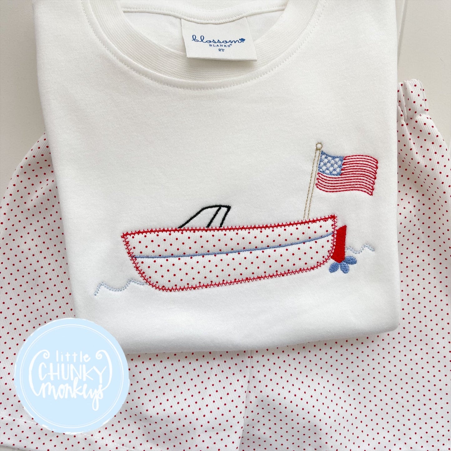 Ready to Ship - Boy Shirt - Speed Boat with Flag - 2T Short Sleeve