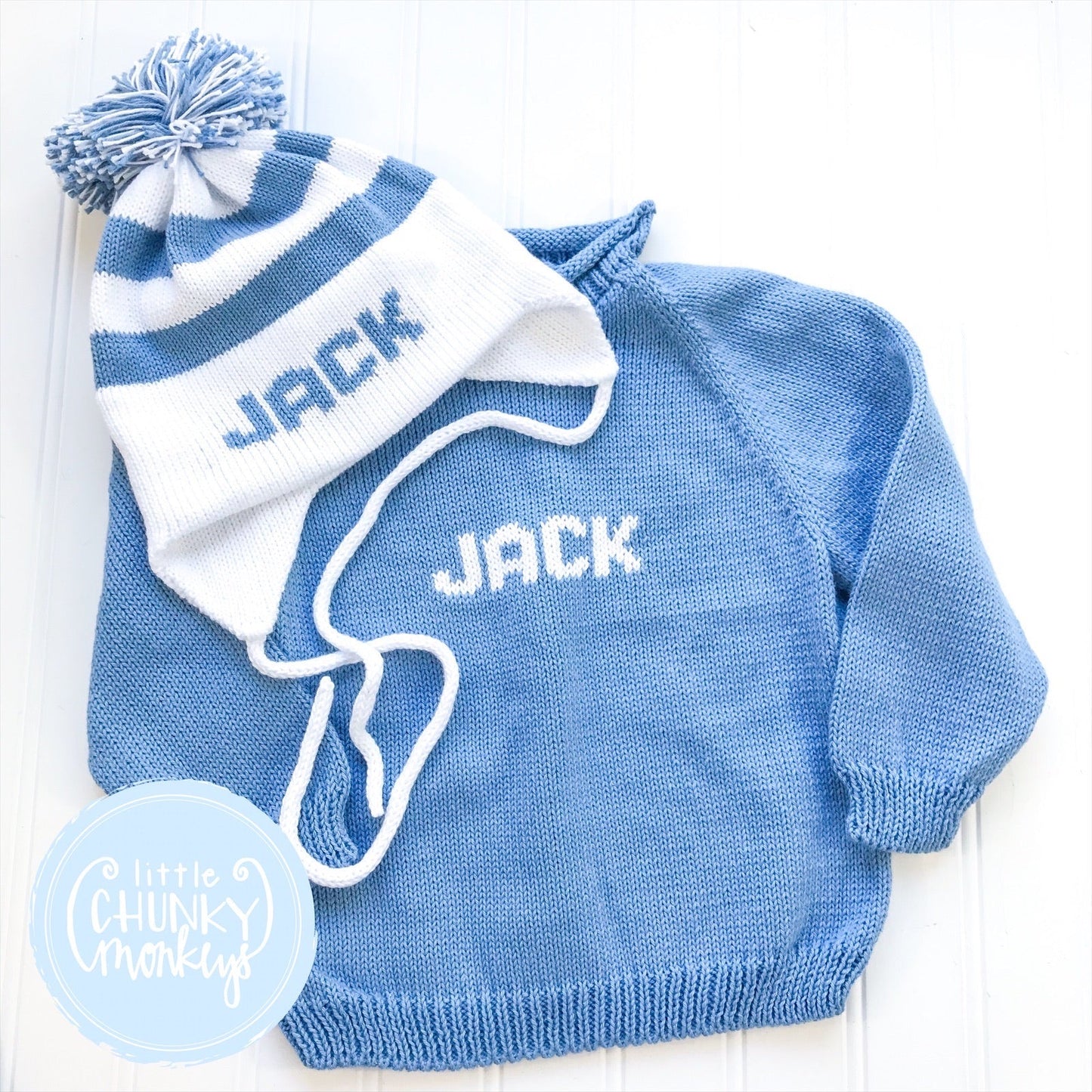 Ready to Ship - Custom Knit Stripe Hat - Denim & White - "JACK" - Infant (0-2Y)