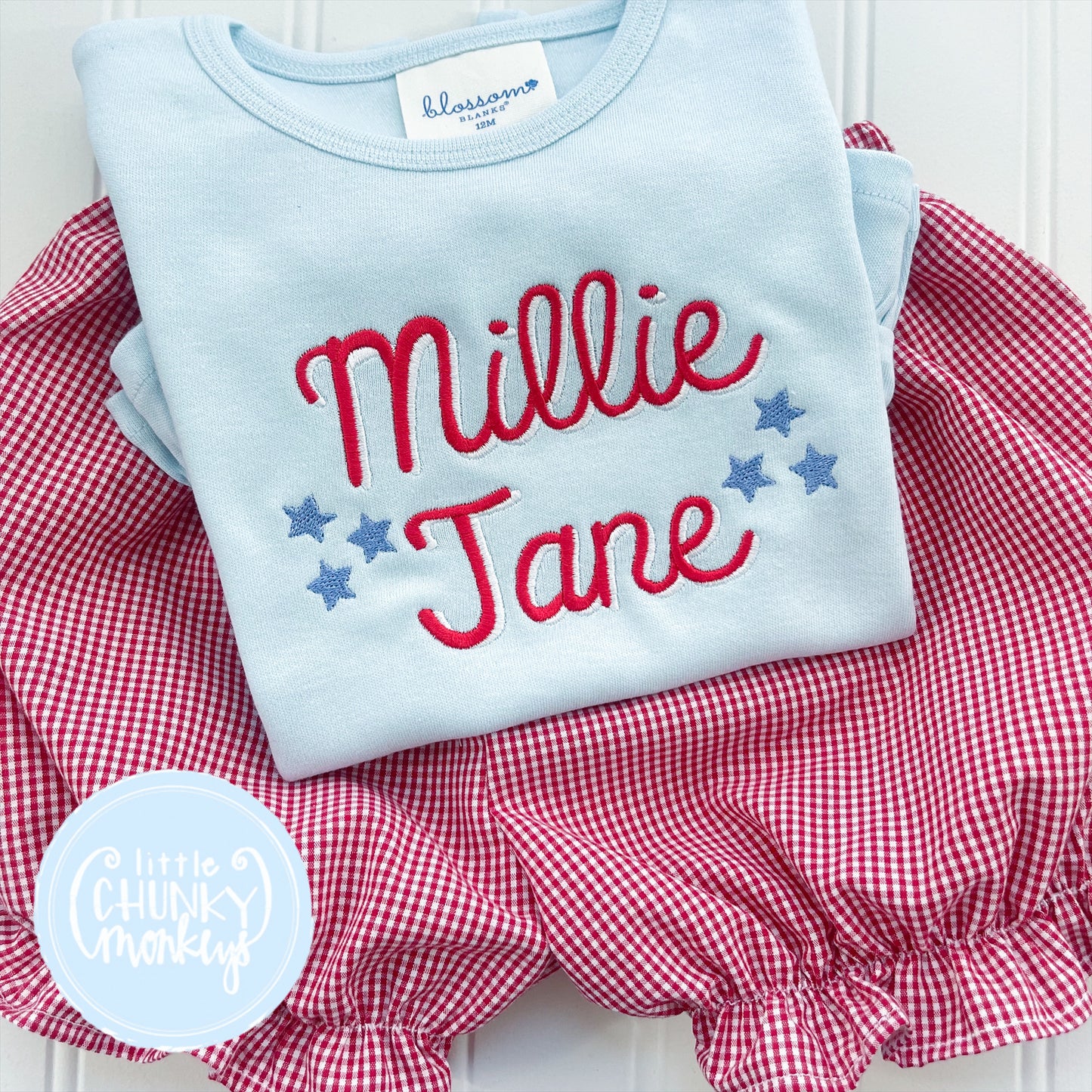 Girl Shirt- Patriotic Name and Stars Light Blue Shirt