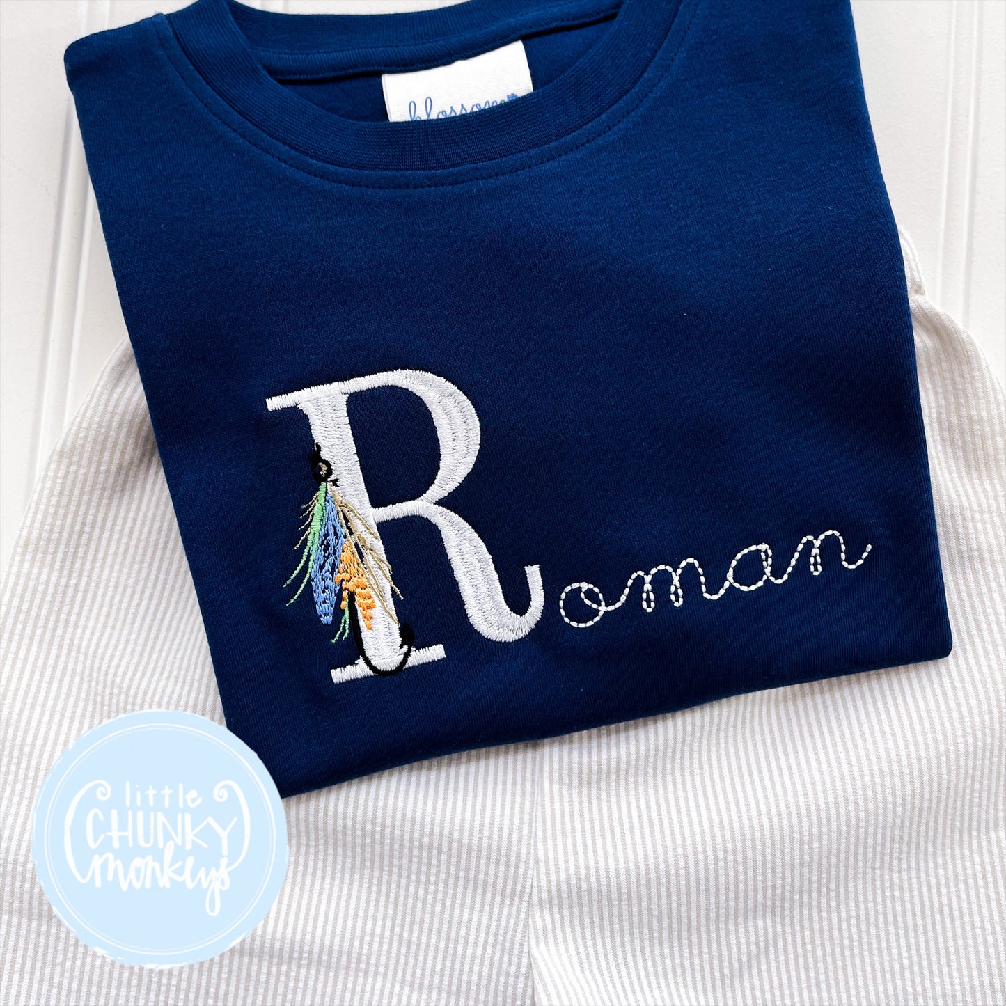 Boy Shirt- Fly Fishing with Name on Navy Blue