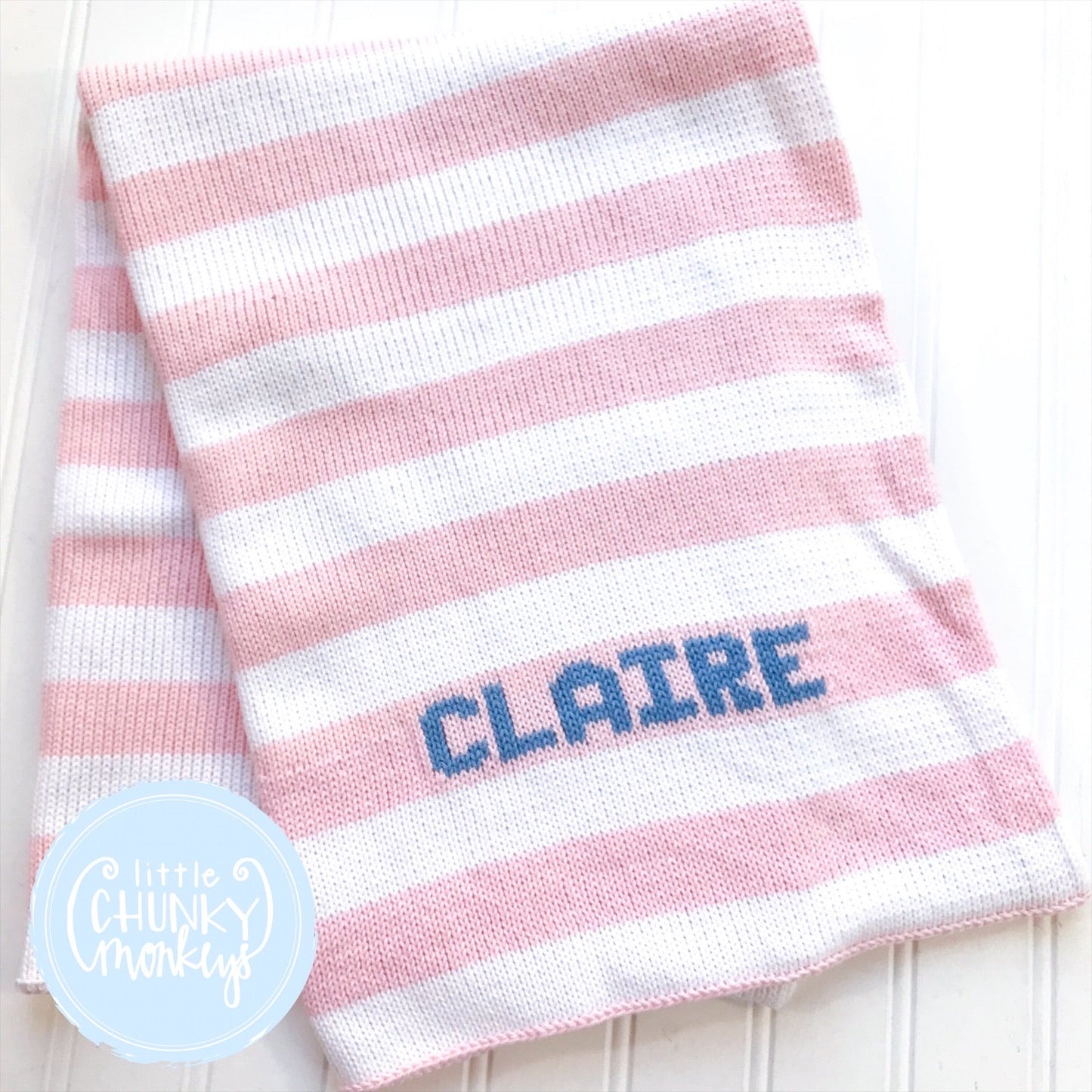 Ready to Ship - Custom Knit Stripe Stroller Blanket - Light Pink, White & Denim - "CLAIRE"