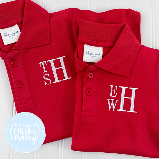 Boy Polo Shirt -  Stacked Monogram on Red