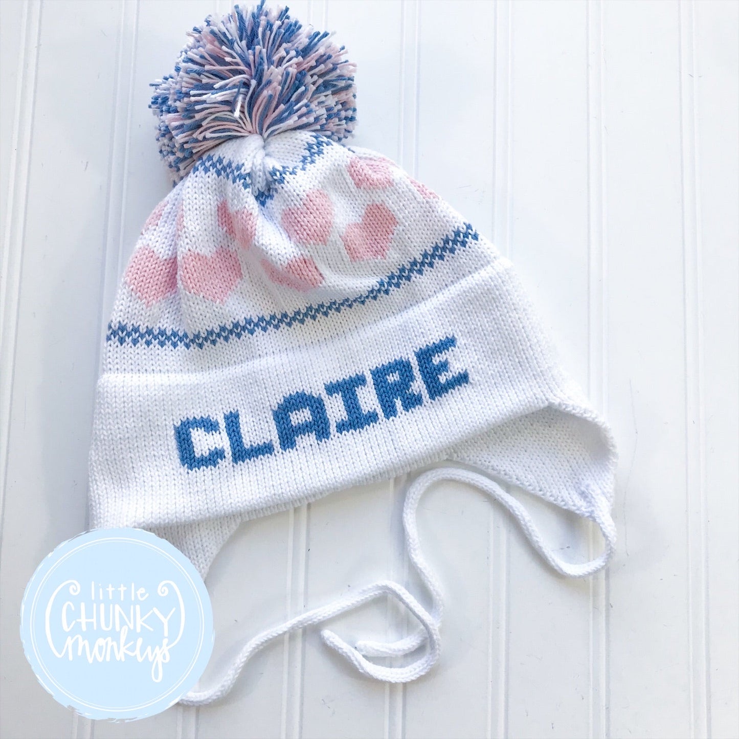 Ready to Ship - Custom Knit Heart Hat - White, Denim & Light Pink - "CLAIRE" Size Toddler (2-4/5Y)