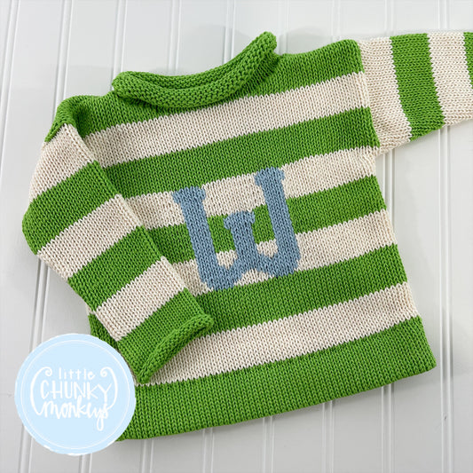 Custom Knit Stripe Letter Sweater - Natural, Lime Green & Denim