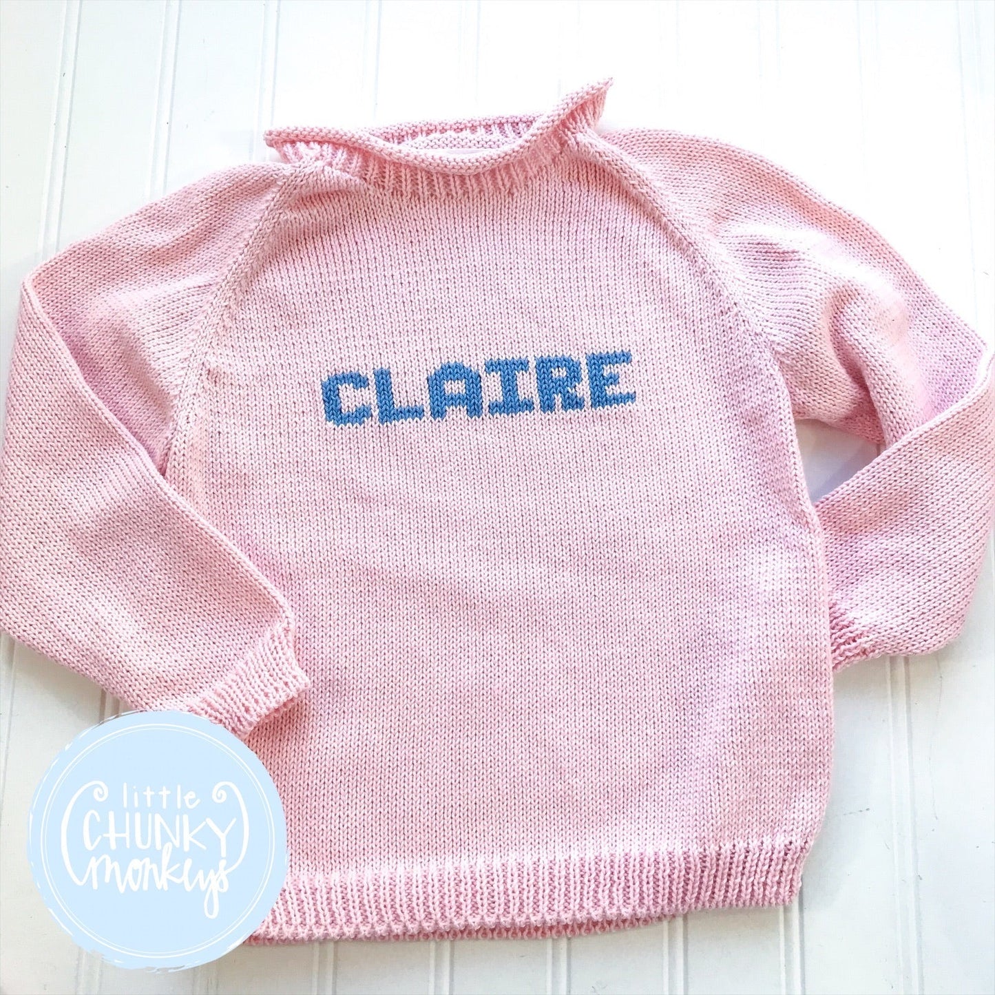 Ready to Ship - Custom Knit Name Sweater - Light Pink & Denim Blue "CLAIRE" - Small (2Y-4Y)