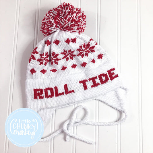 Ready to Ship - Custom Knit Nordic Hat - White & Red - ROLL TIDE - Toddler Size (2-4/5Y)
