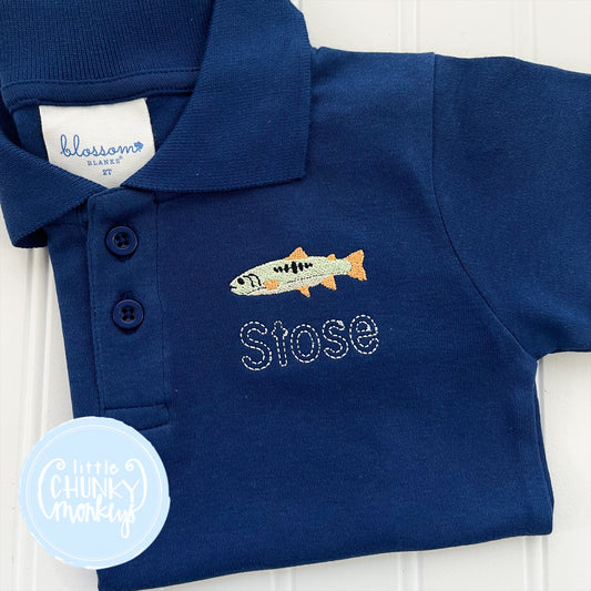 Boy Polo Shirt- Trout on Navy Blue