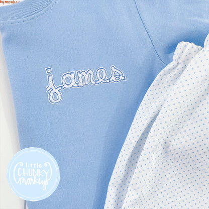 Boy Shirt- Mini Applique Name on Light Blue