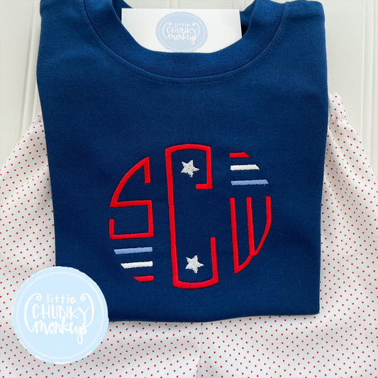 Boy Shirt - Stitched Circle Monogram with Patriotic Stars on Navy Blue