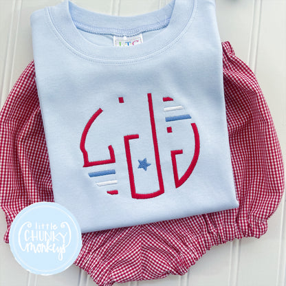 Boy Shirt - Stitched Circle Monogram with Patriotic Stars on Light Blue