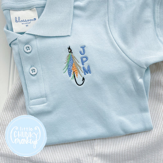 Boy Polo Shirt - Fly Fishing with Initial on Light Blue