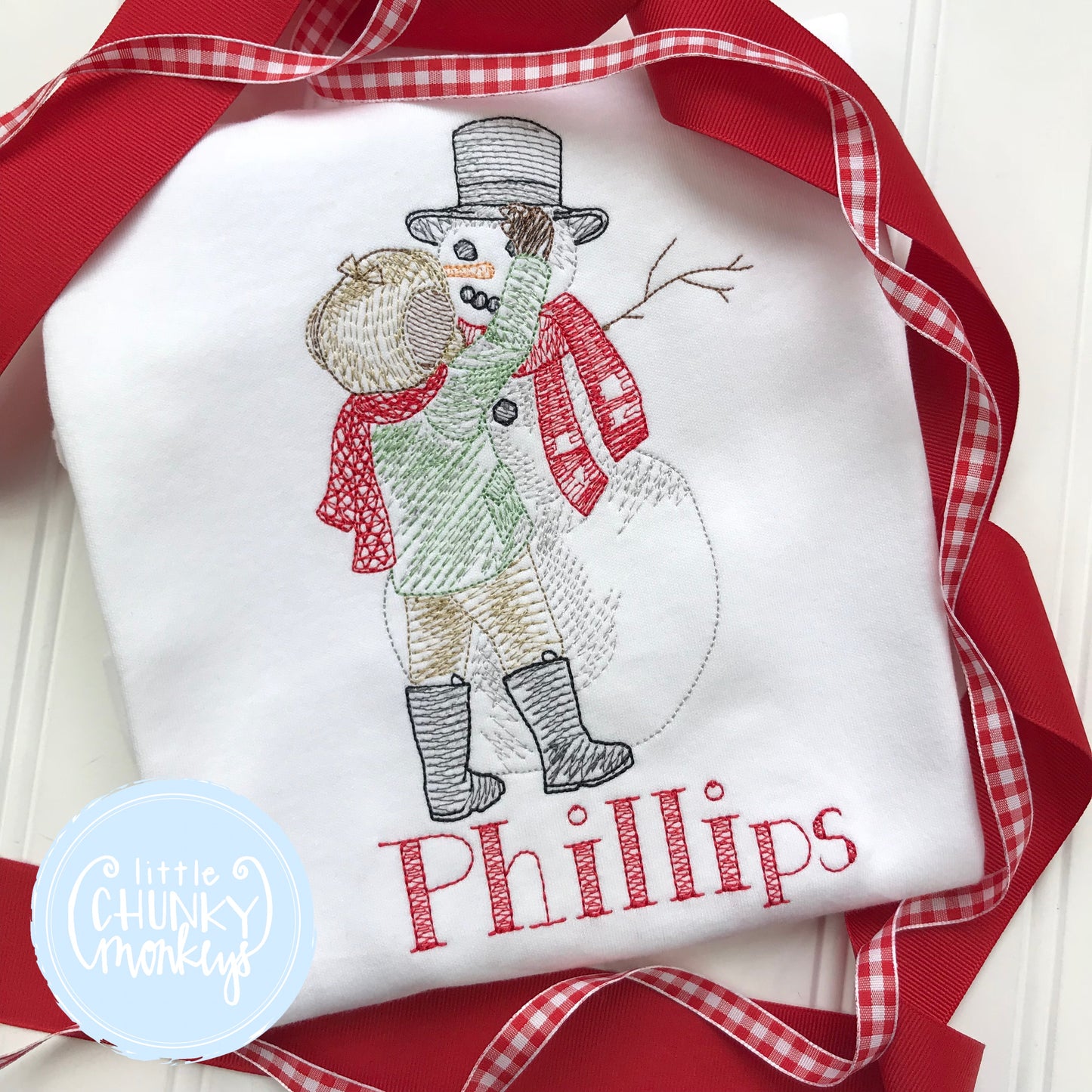 Boy Shirt - Vintage Stitch Boy Building Snowman