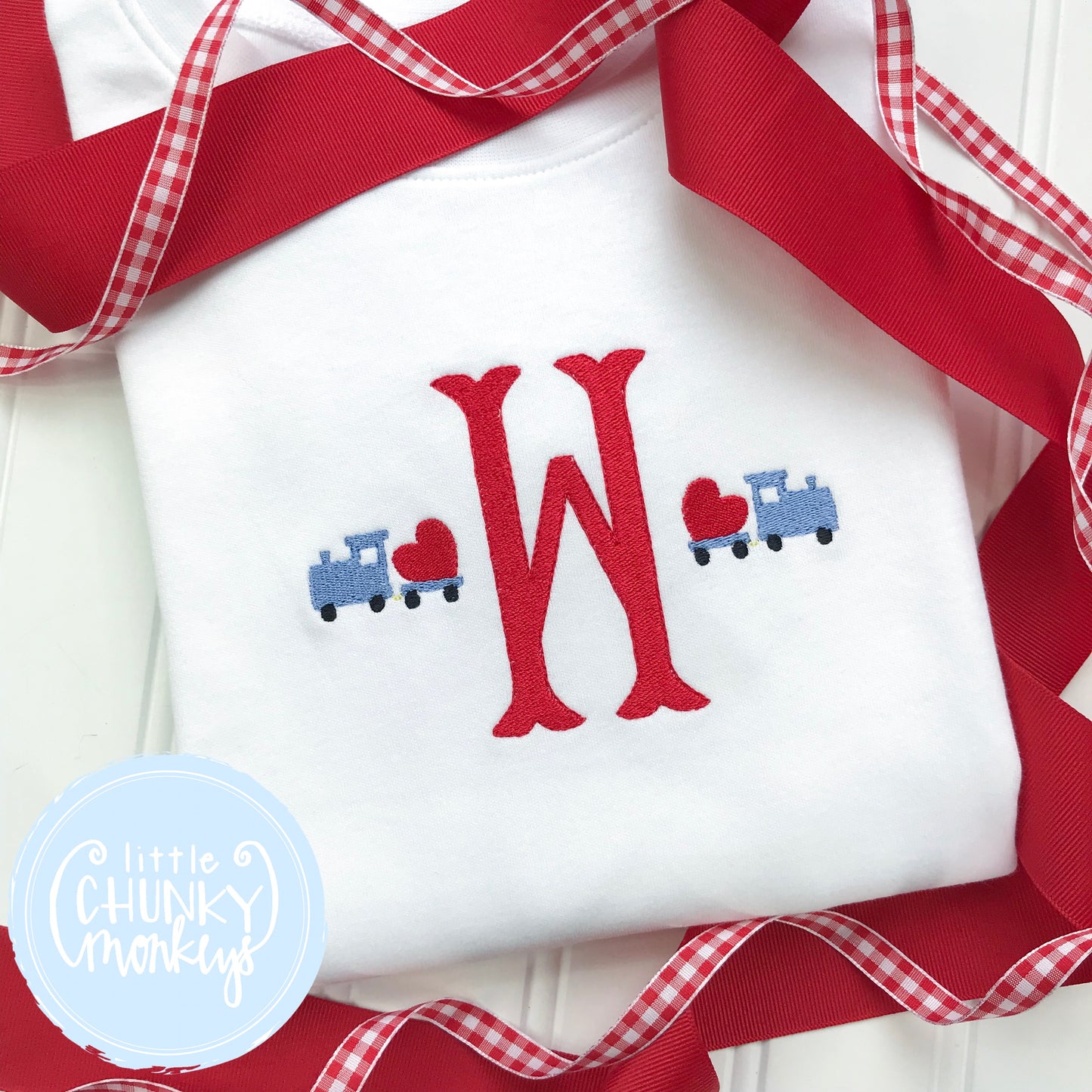 Boy Shirt - Valentine Shirt- Single Initial with Mini Trains carrying Hearts