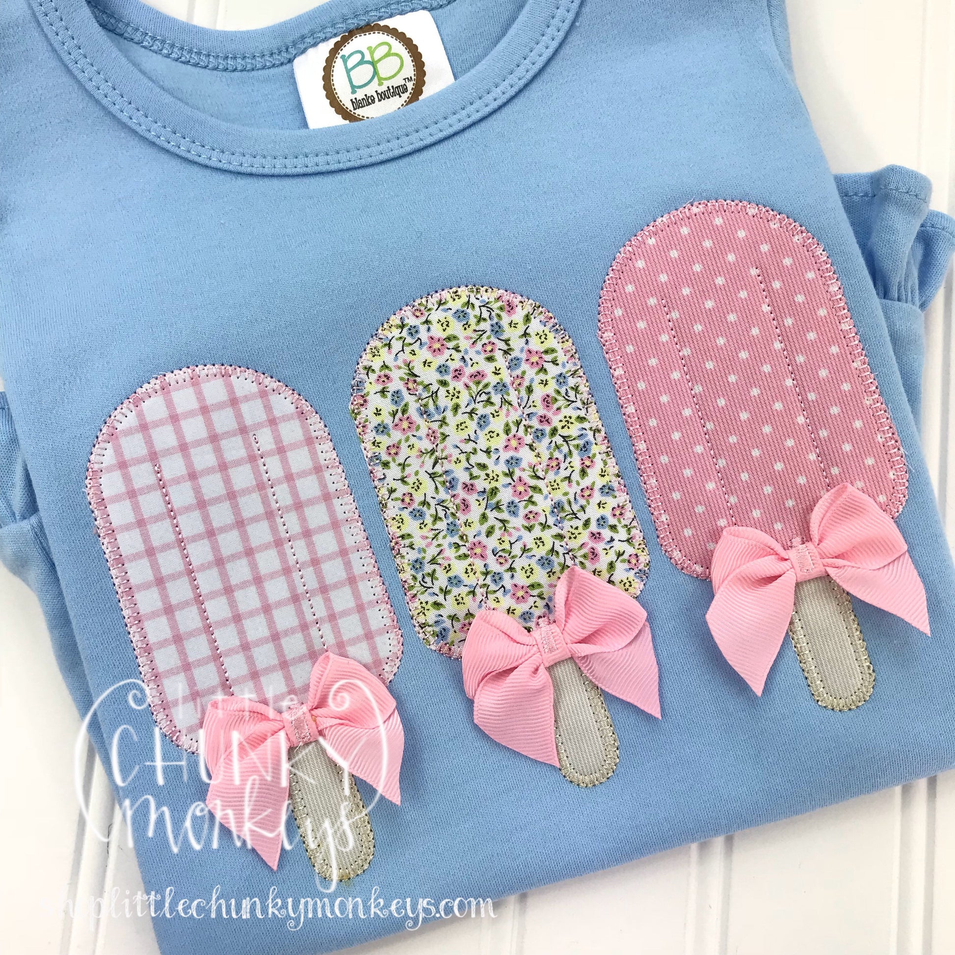 Girl outfit - Girl Shirt - Applique Popsicle Trio with Bows on Light Blue Shirt