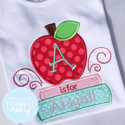 Girl Outfit - Girl School Shirt - Initial Apple + Stacked Books Applique Design