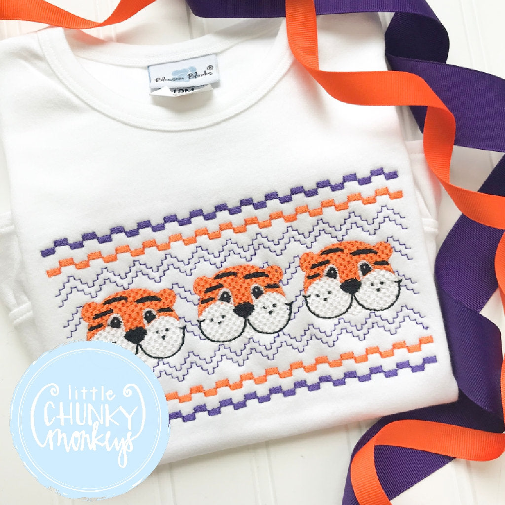 Boy Outfit - Orange and Purple Faux Smocked Tiger Trio Shirt