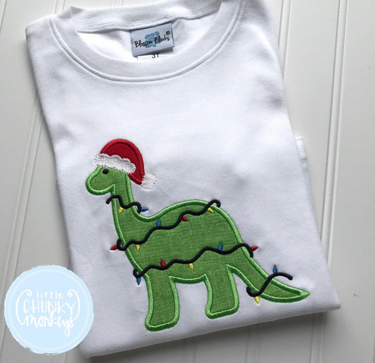 Boy Shirt - Dinosaur Wearing Santa Hat Wrapped in Christmas Lights.