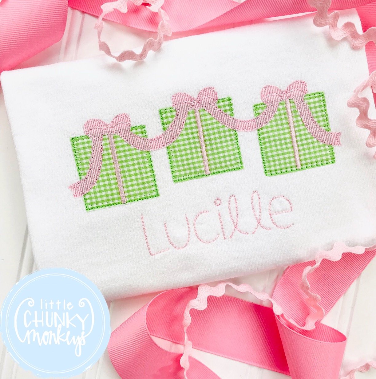 Girl Shirt -Applique Present Trio with Personalization