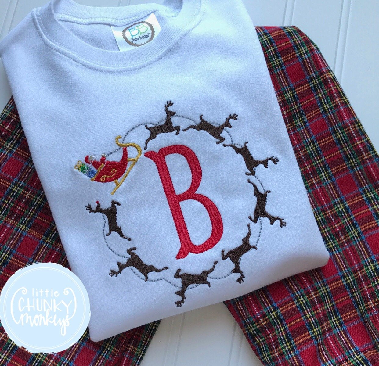 Boy Shirt - Santa Sleigh with Single Initials in the Middle