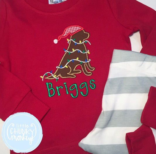 Boy Shirt - Applique Dog Wearing Santa Hat and Wrapped in Christmas Lights + Personalization