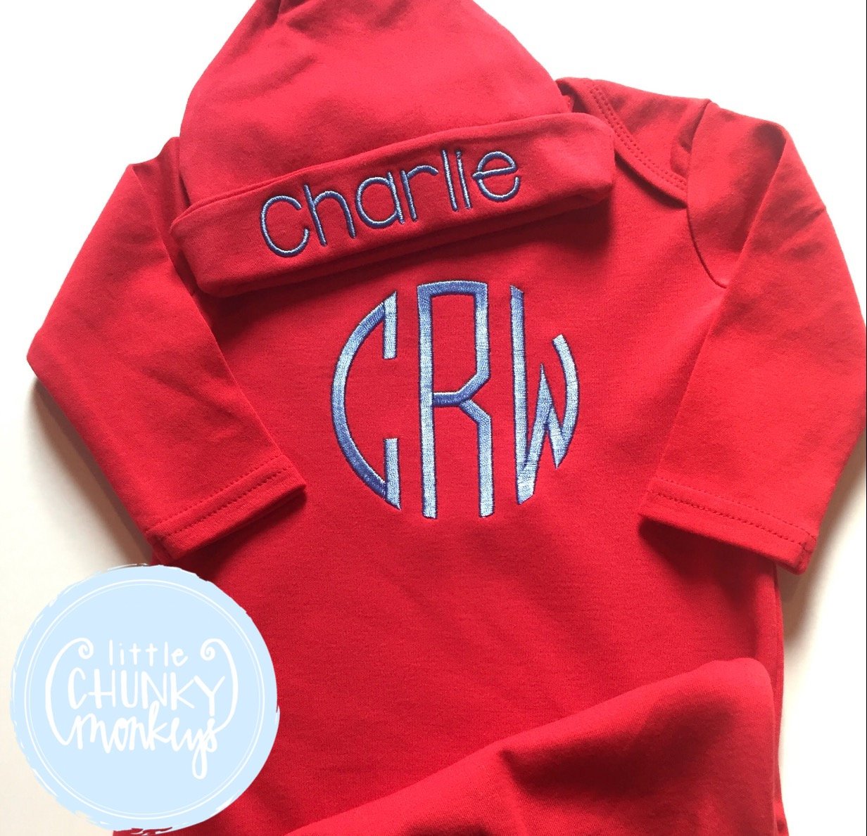 Baby Boy Gown - Bring Home Shirt - Personalized Newborn Name Gown + Cap in Red