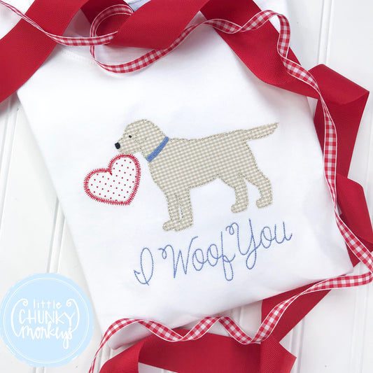 Boy Shirt - Valentine Shirt- Puppy holding Heart with I Woof You
