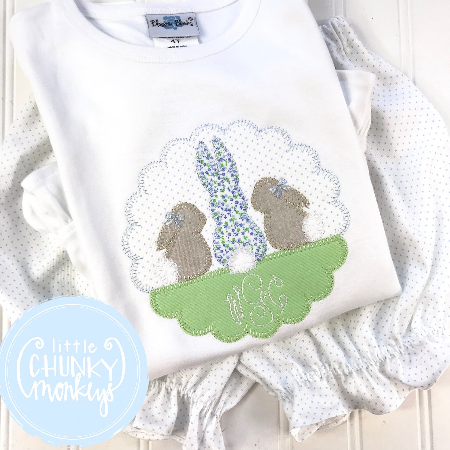 Girl Shirt - Easter Girl Shirt - Applique Bunny Trio with Monogram