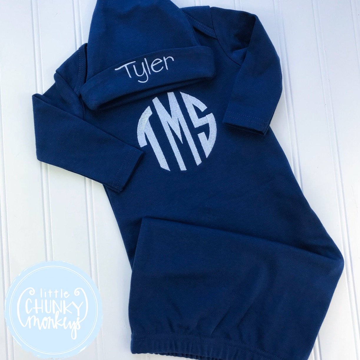 Baby Boy Gown - Bring Home Shirt - Personalized Newborn Name Gown + Cap in Navy Blue