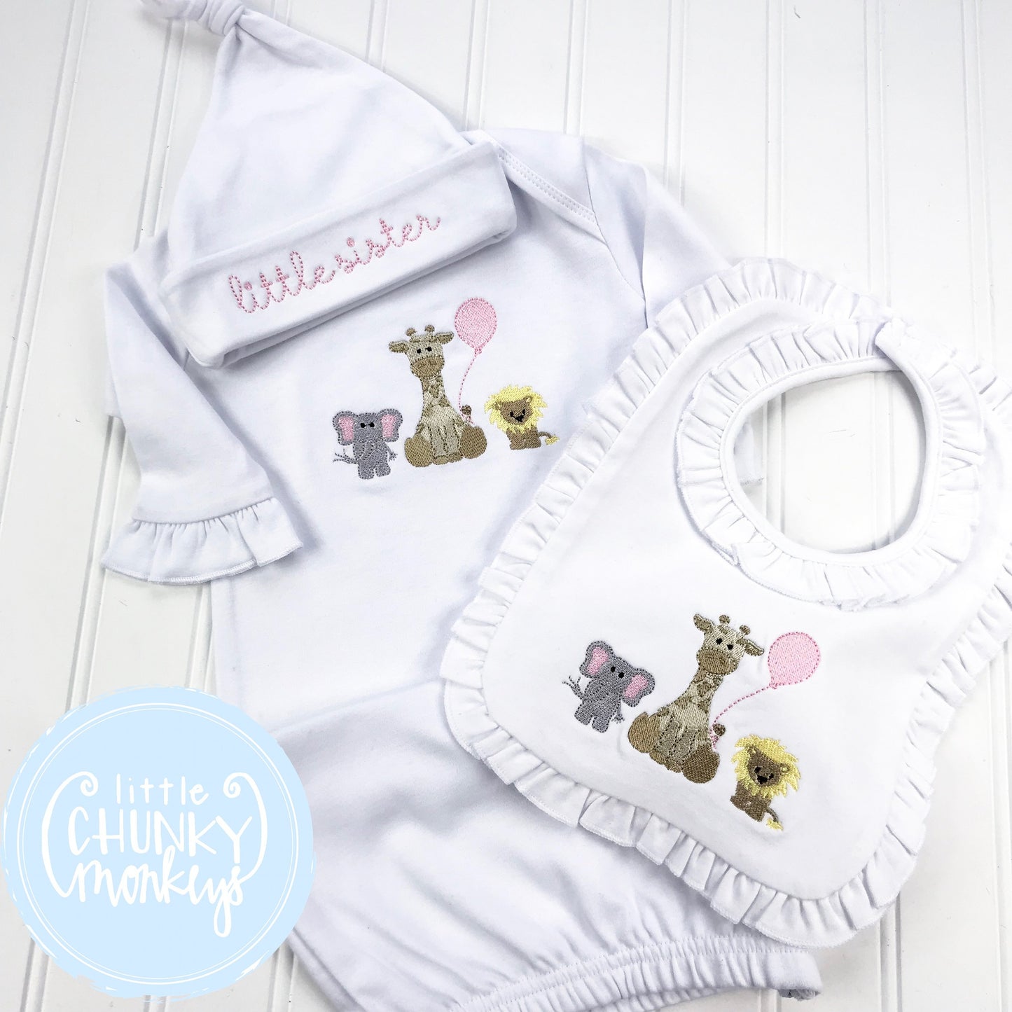 Baby Girl Gown - Newborn Gown Zoo Animal Stitch