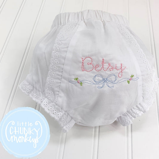 Baby Girl Eyelet Diaper Cover with Stitched Bow and Flowers + Personalization - Newborn