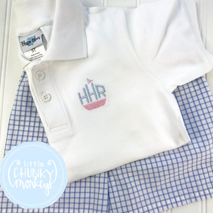 Boy Polo Shirt- Mini Tug Boat + Monogram on White Polo Shirt